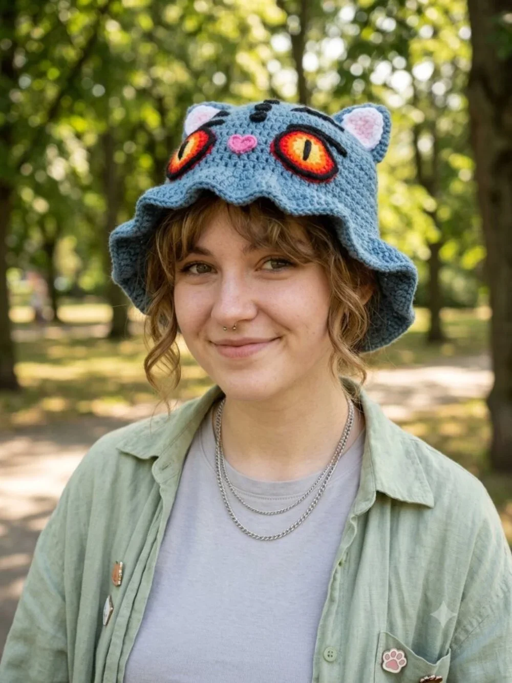 Handmade Crochet Derpy K-Pop Demon Hunter Cat Bucket Hat with Ruffled Brim New